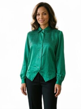 VTG 80s Emerald Green Satin Blouse Pleated Yoke Balloon Sleeve Retro M/L